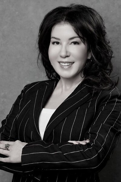 Rebecca sinclair pinstripe suit headshot