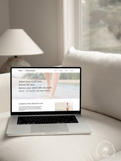 Laptop mockup showing the MPR Ministries homepage with a message of spiritual renewal and faith-based services, styled in soft, natural colors.