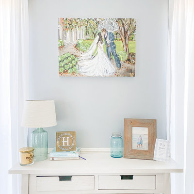 Wedding day portrait hanging in house