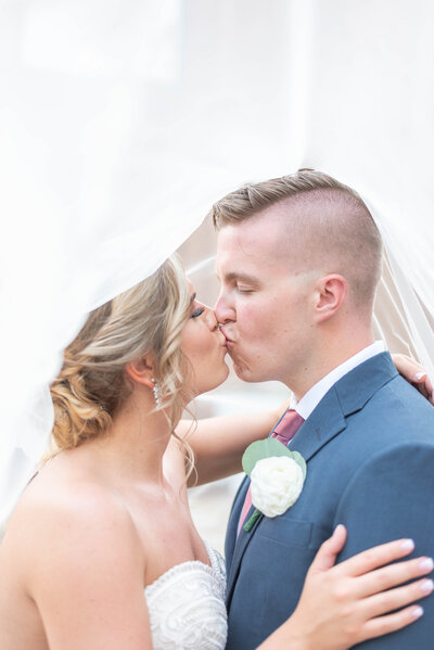bride and groom kiss under a veil