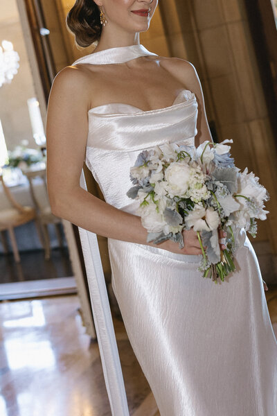 Vermont Wedding Photographer | Sincerely Liz Photography Documentary Wedding, Engagement, Elopement, Maternity and Newborn Photographer in New England | Bride holding a white bouquet old money style wedding