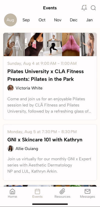 Screengrab of upcoming events