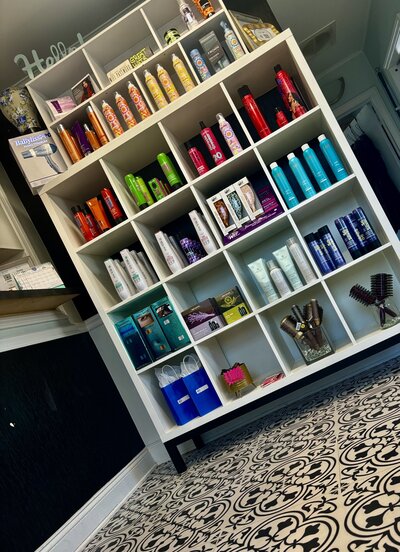 stocked hair color boxes in salon