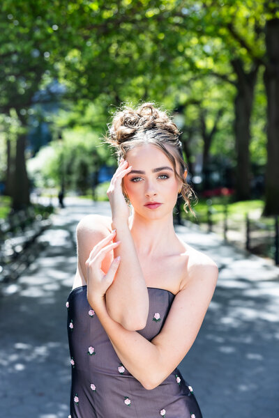 brunette girl wearing floral dress