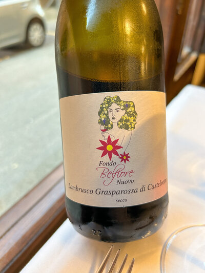 Bottle of Lambrusco, a sparkling red wine from the Emilia-Romagna region in Italy