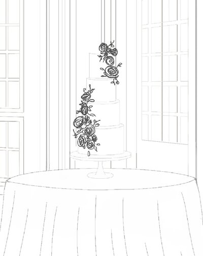 3d pencil drawing of a luxury bespoke wedding cake, designed and executed by ÈCLAT Destination Weddings