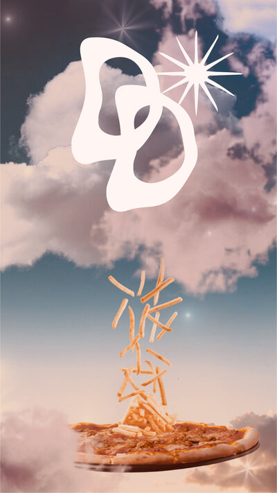 dreamy cloudy sky with a pizza that has french fries falling onto it and the dreamy dough pizzeria monogram