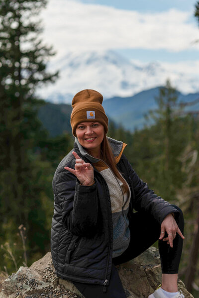 girl outside by mount rainier