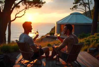 A couple toasting drinks at sunset outside a luxury glamping tent, enjoying an intimate and secluded romantic retreat surrounded by nature