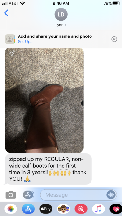 Personal training client showing how she can now zip up her boots