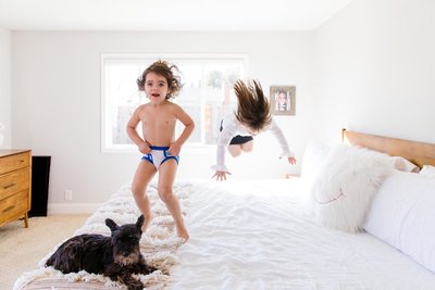 two girls jumping on their parent's bed  with the dog nearby