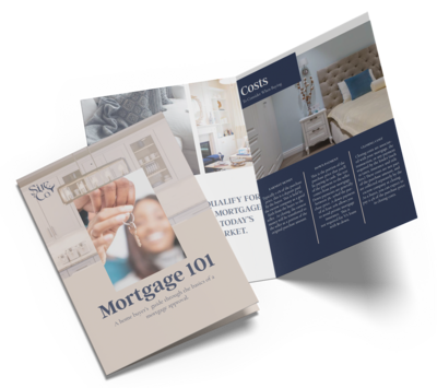 Tan and blue mortgage loan brochure mockup.