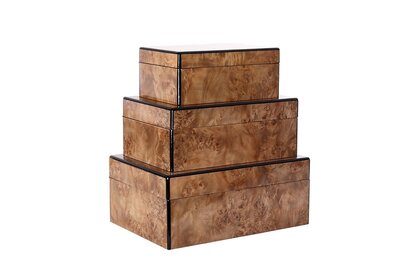 Three stacked burlwood storage boxes