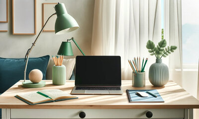 The photo shows a neat, organized workspace bathed in soft natural light. On the wooden desk, there's an open notebook with handwritten notes beside a spherical wooden object on a small green plate. To the left, a green desk lamp with an adjustable arm is positioned over the notebook. A laptop is centered on the desk with a black screen, flanked by a holder with pencils to the right and a blue notebook with a pen on top. Behind these items, a gray vase with green foliage adds a touch of nature. Sheer curtains allow diffused light to enter the room, creating a calm and inviting atmosphere for work or study.