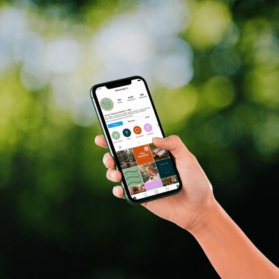 Person holding a smartphone with a mockup of The Canopy's Instagram account on the screen