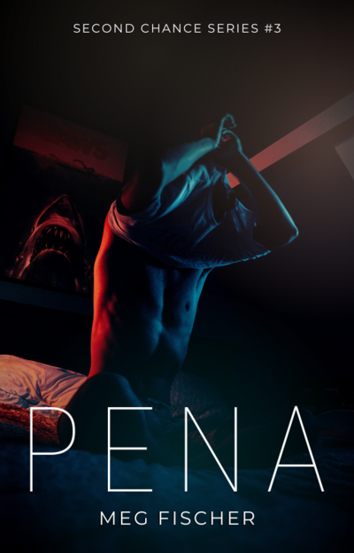 Book cover concept for Pena includes the title and features a neon, dark aesthetic of a fit man pulling his shirt over his head.