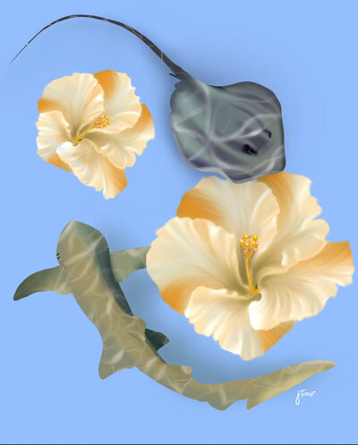 A Stingray and nurse shark circle eachother around white hibsicus flowers, illustrated against a light blue background.