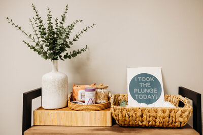 Vitmins next to a plant on a shelf