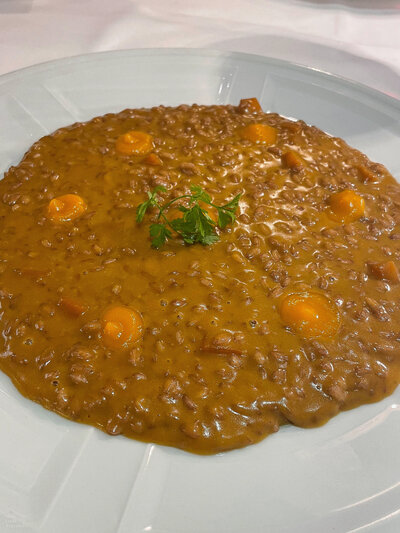 A risotto made with Amarone wine, making it an interesting red color. Very unique for risotto