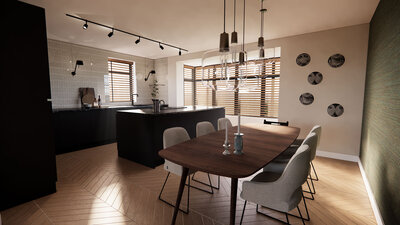 Rustgevend sereen interieur met maatwerk keuken in donkere tinten. Open woonkeuken met design lampen.