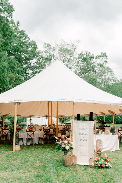 a wedding reception taking place under a canopy tent