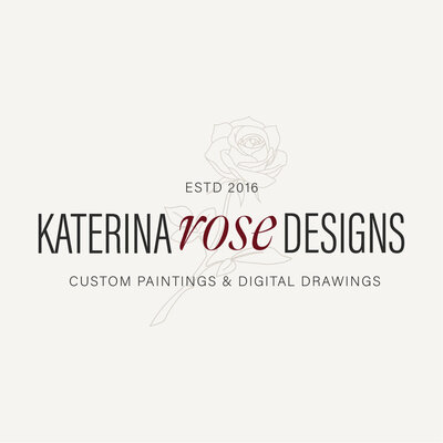 Wordmark logo reading Katerina Rose Designs Custom Paintings & Digital Drawings over illustration of a rose