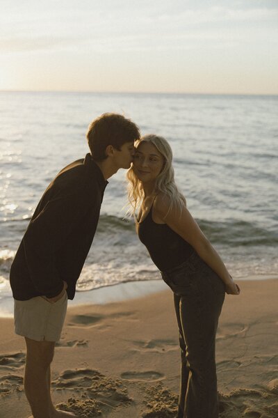 golden hour engagement photoshoot on lake michigan