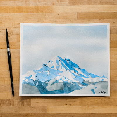 A watercolor painting of Mt Rainier as viewed from the top of the gondola at Crystal Mountain