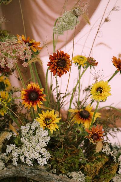 Orange and yellow flowers in front of a drape