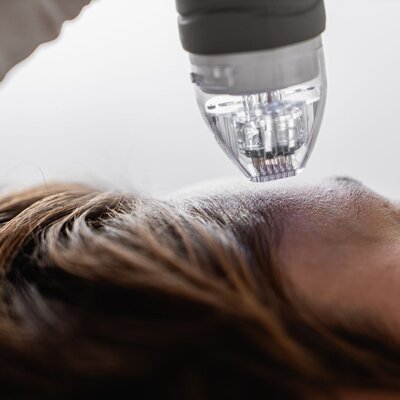 Close-up of professional performing microneedling on scalp to stimulate hair growth and improve scalp health.
