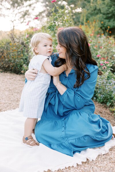 mom and son during garden family photos in peoria, illinois 