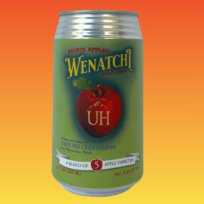 A can of hard cider. There is a red apple in the middle of the can with "UH" in the center.