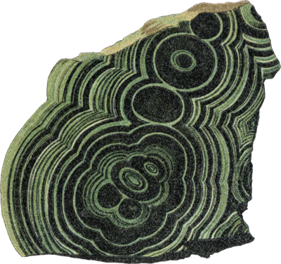 An irregularly shaped mineral with the markings that look like ripples of green and dark gray 