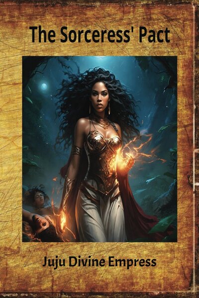 Book cover for "The Sorceress’ Pact" by Juju Divine Empress, depicting a powerful Black sorceress in a magical forest, with glowing hands and ancestral strength, exploring themes of destiny, power, and sacrifice.