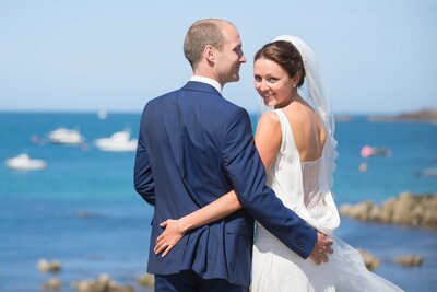 Bride and groom smiling