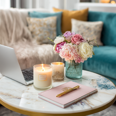 Living room end table styled with laptop, candles, journal, and florals in cream, blush, bright pink, and teal—Main Character Energy vibe.