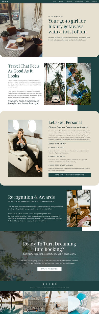 About page design from Tulum Showit template featuring elegant travel branding