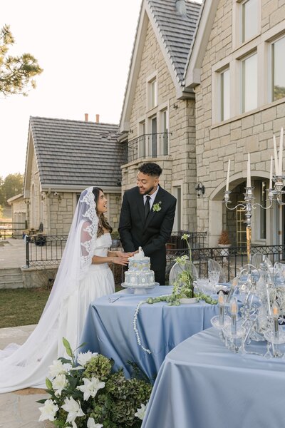 Bride and groom cutting their elegant blue wedding cake at Greystone Castle in Boulder, a European-inspired Colorado wedding venue.