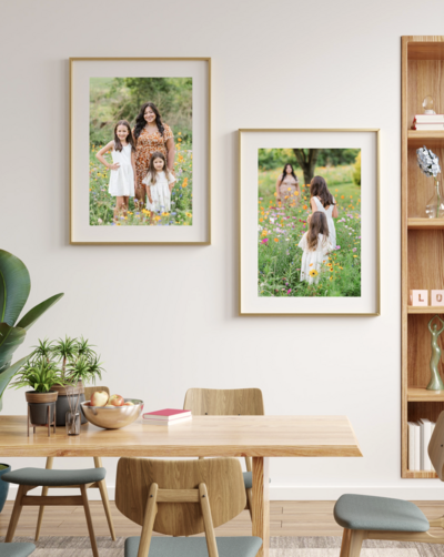Large portraits of a mother and her two daughters in a wildflower field hanging on a dining room wall in york pa