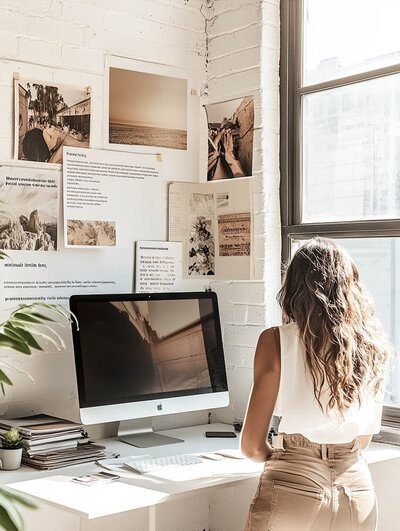 Vrouw achter laptop aan het zwembad bekijkt video tutorials van haar showit website