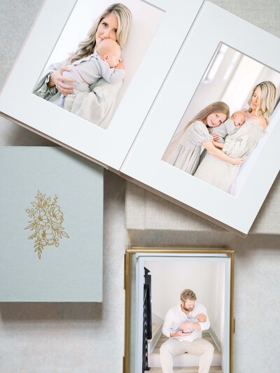 Mockup image of newborn session in matted album and print box for Tampa photographer
