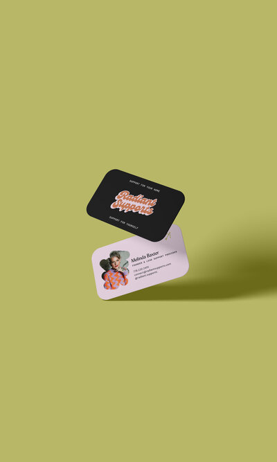 Floating business cards for Radiant Supports, a home and personal support service, featuring playful typography, brand photography, and contact details for founder Melinda Baxter