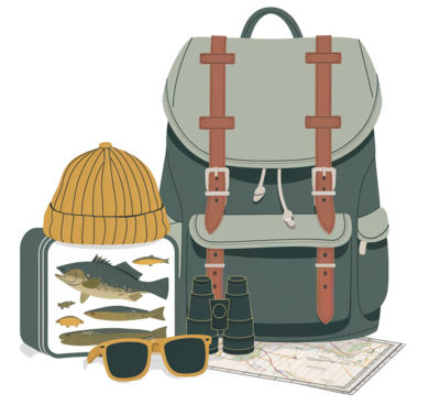 A clipart like illustration  of a backpack full of items appropriate to bring with when renting a boat