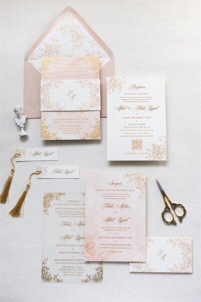 Burgundy pocket-fold & Gold Foil wedding invitation