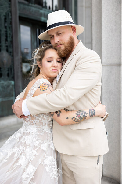 Bride and Groom hold each other after their first look, an Indianapolis wedding photographer is there to capture this special moment.