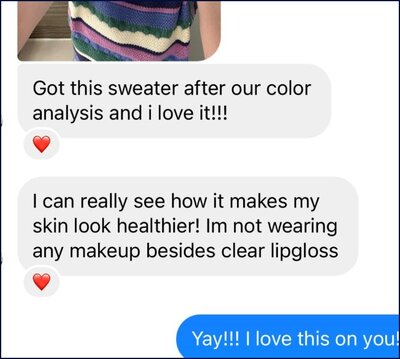 Message from a client saying their skin looks healthier thanks to the colors recommended in their analysis
