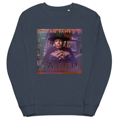 Musician branding merch sample design grey sweatshirt featuring Jeau James album cover image Package A