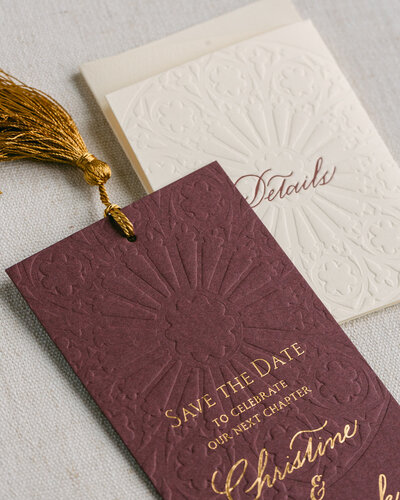 Save the date bookmark with blind and gold letterpress print