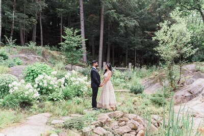 Bride and groom walk up memorial steps at their DC wedding