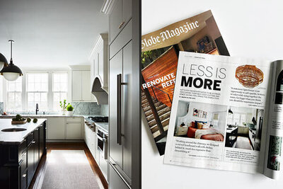 Top interior designers in Boston featured in Boston Globe Magazine. See our modern white kitchen with black island and Allied Maker pendants.